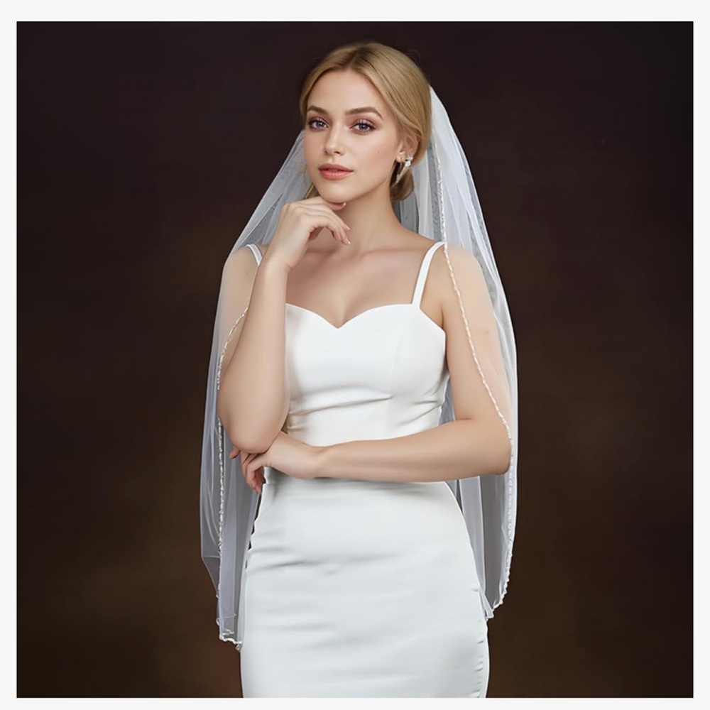 Bridal Veil Pearls and Crystals Beaded Edge 1 Tier Fingertip Length Wedding Veil